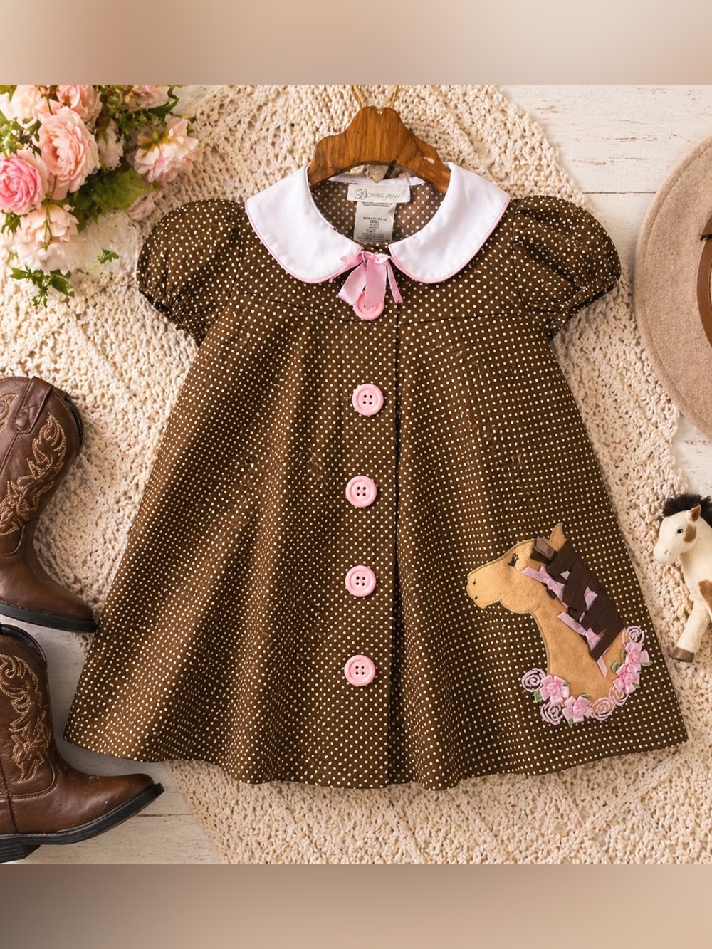 2T Bonnie Jean Horse Dress Brown Polka Dot Pink Ribbon Western Boutique